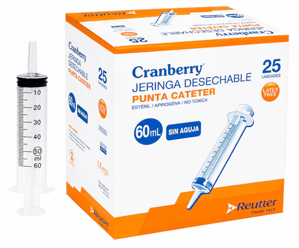 Jeringa de alimentación Cranberry — punta catéter 60 ml sin aguja, caja x25